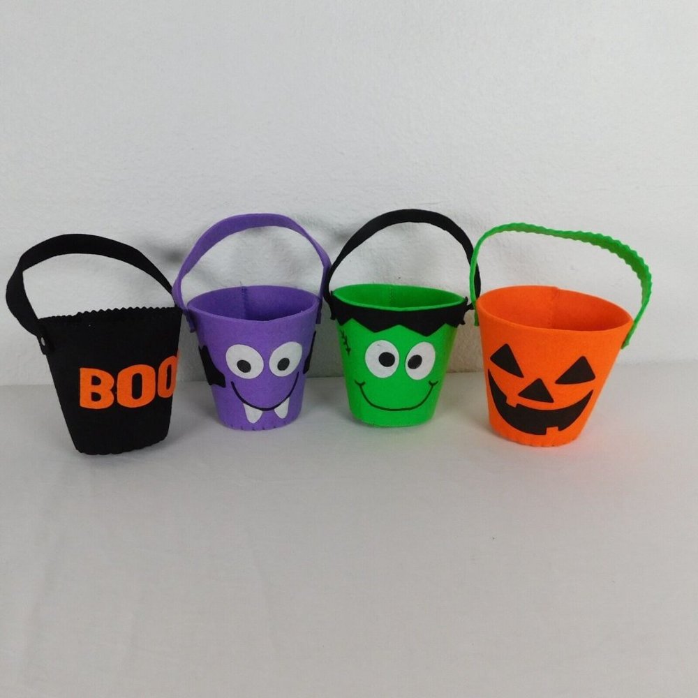 4 Halloween Felt Buckets Pumpkin Monsters Boo Trick or Treat Party Goodies 5"